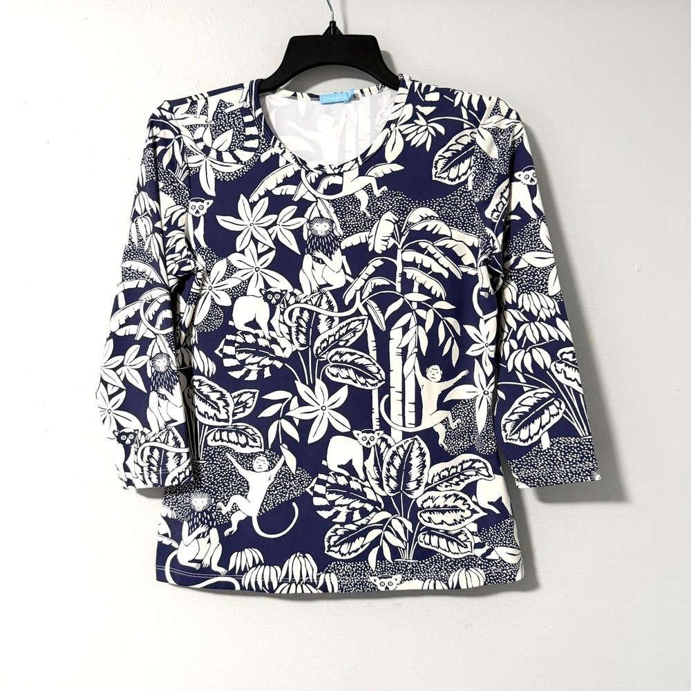 J.McLaughlin Womens Catalina Cloth Navy White Jungle Monkey Print 3/4 Sleeve Top